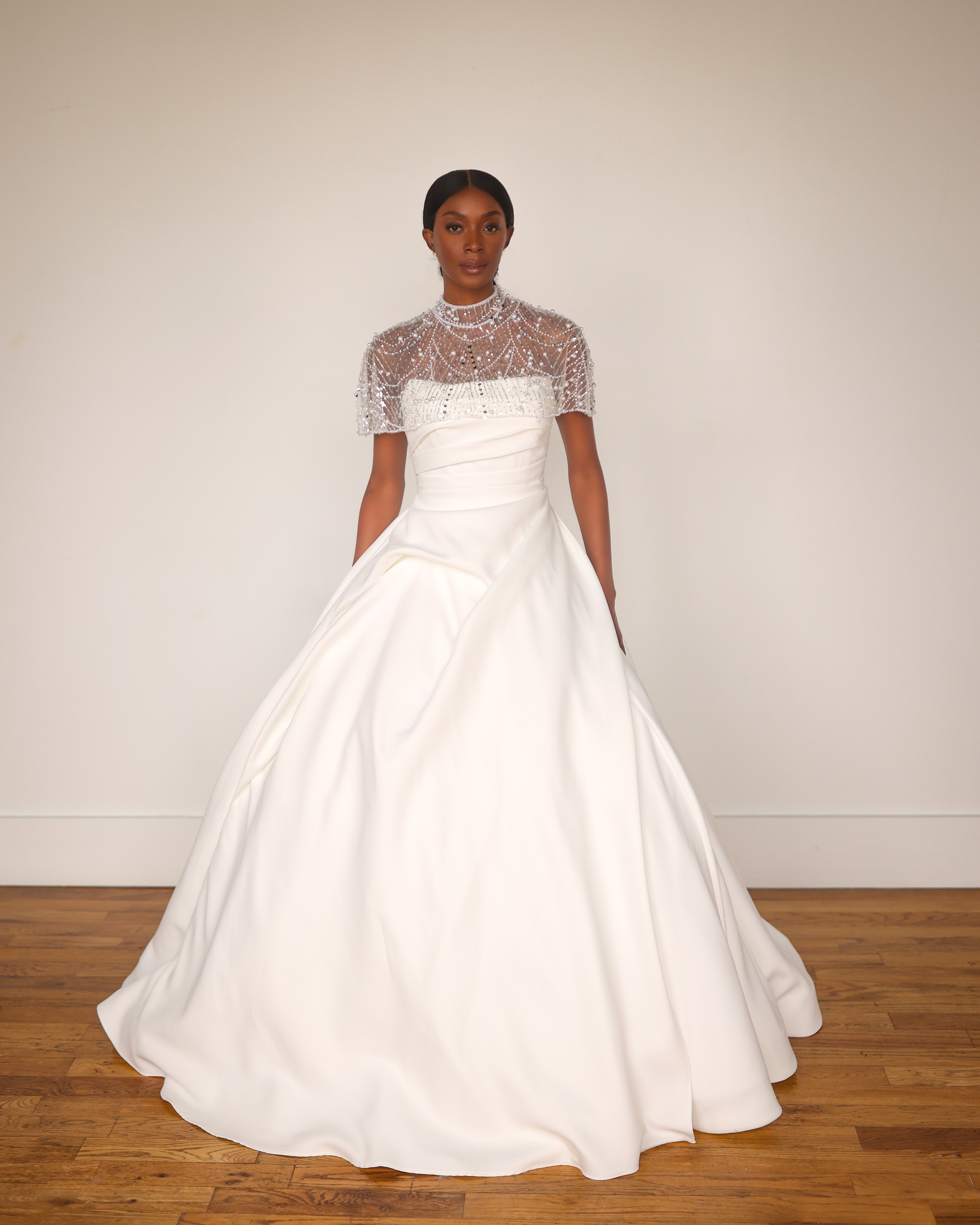 Close-up detail of a romantic fabric on an affordable luxury wedding dress