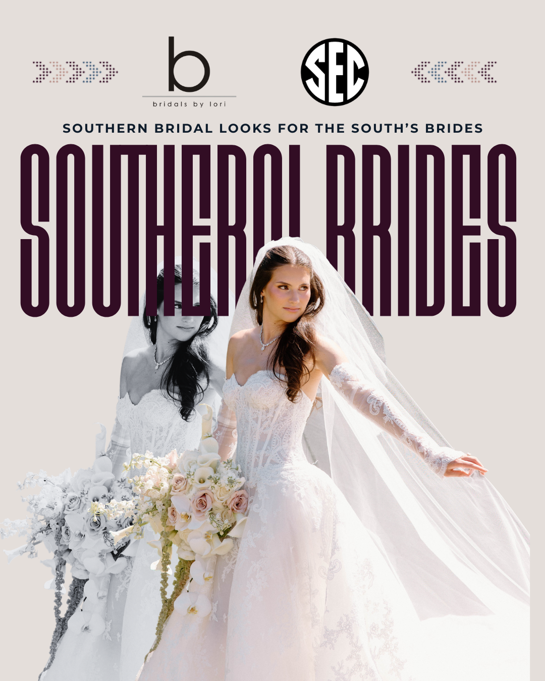 Southern Bridal Looks for the South's Brides: two brides in white designer wedding dresses with SEC logo, Bridals by Lori Atlanta bridal boutique serving Southern fall wedding market