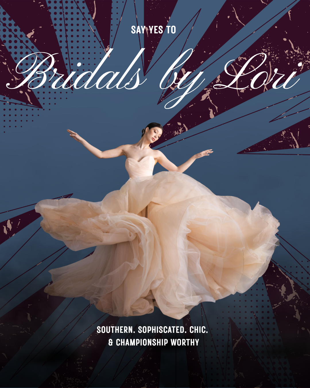 Dramatic bride portrait in flowing ivory tulle wedding gown against maroon and blue geometric background, Bridals by Lori Atlanta bridal design: Southern, sophisticated, chic, championship-worthy