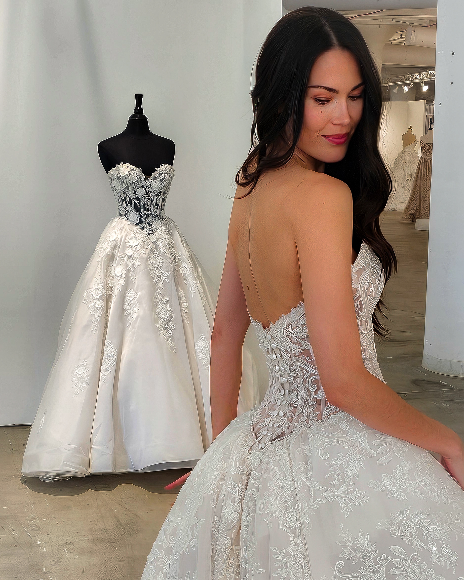 a beautiful bride having a moment of reflection in a stunning Eve of Milady wedding dress, exclusively available at Bridals by Lori in June 2026