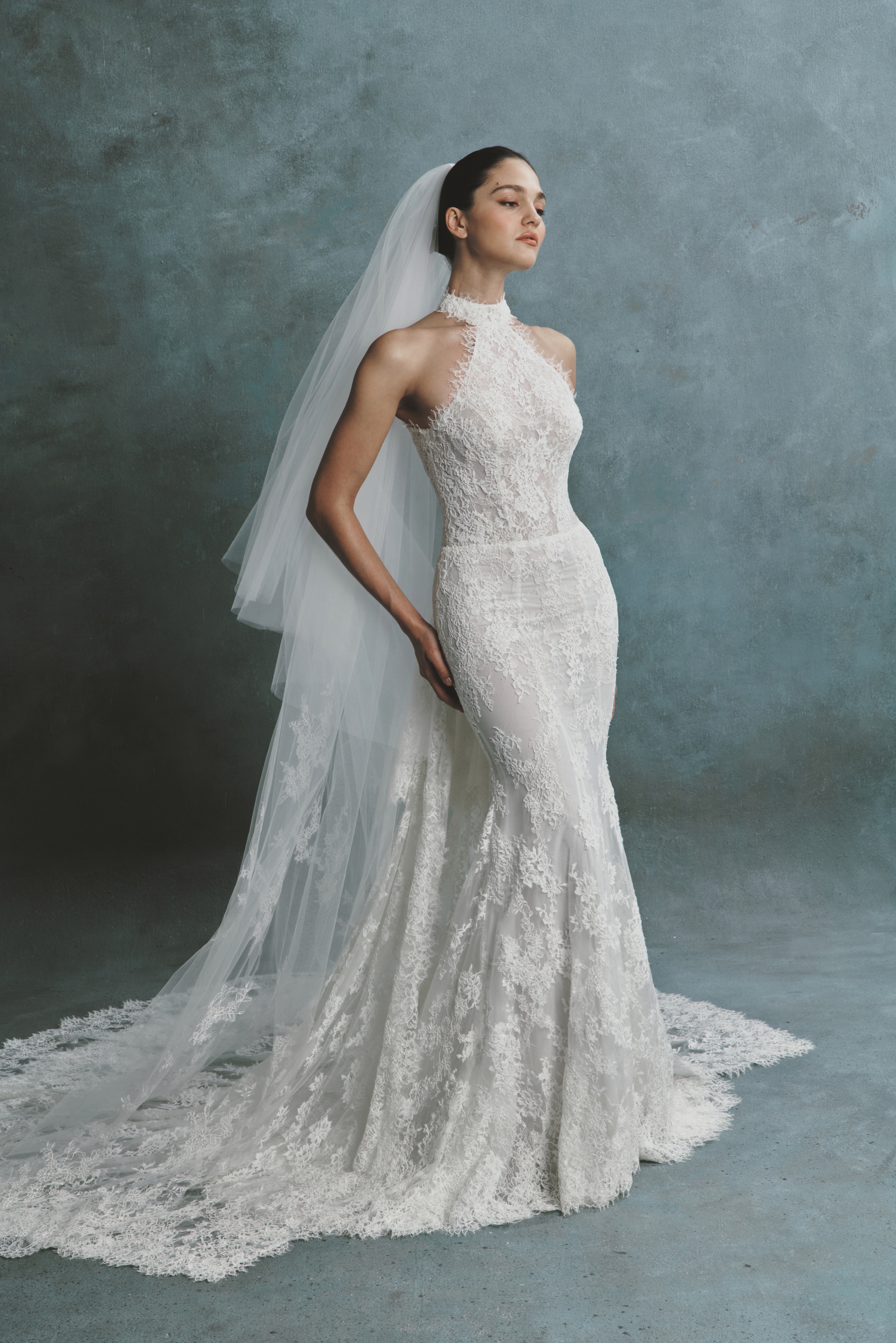 gorgeous halter neck wedding dress with lace trim, part of SenStudio's S/S 2027 collection, trunk show at bridals by lori in Atlanta Oct 9 - 18