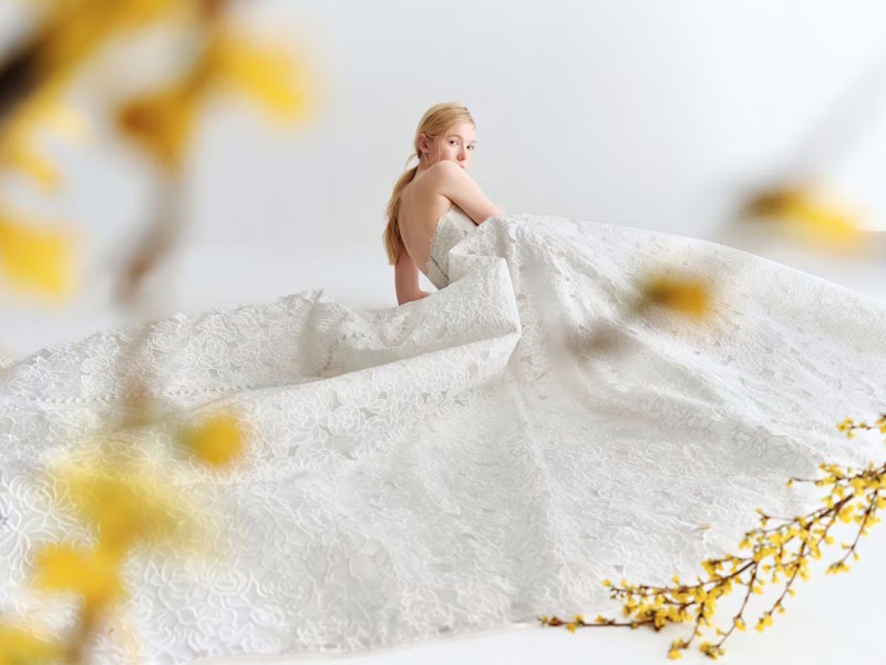 Bride lounges in a stunning dress from the latest collection from Alyne, exclusivley available at Bridals by Lori during the last weekend in June 